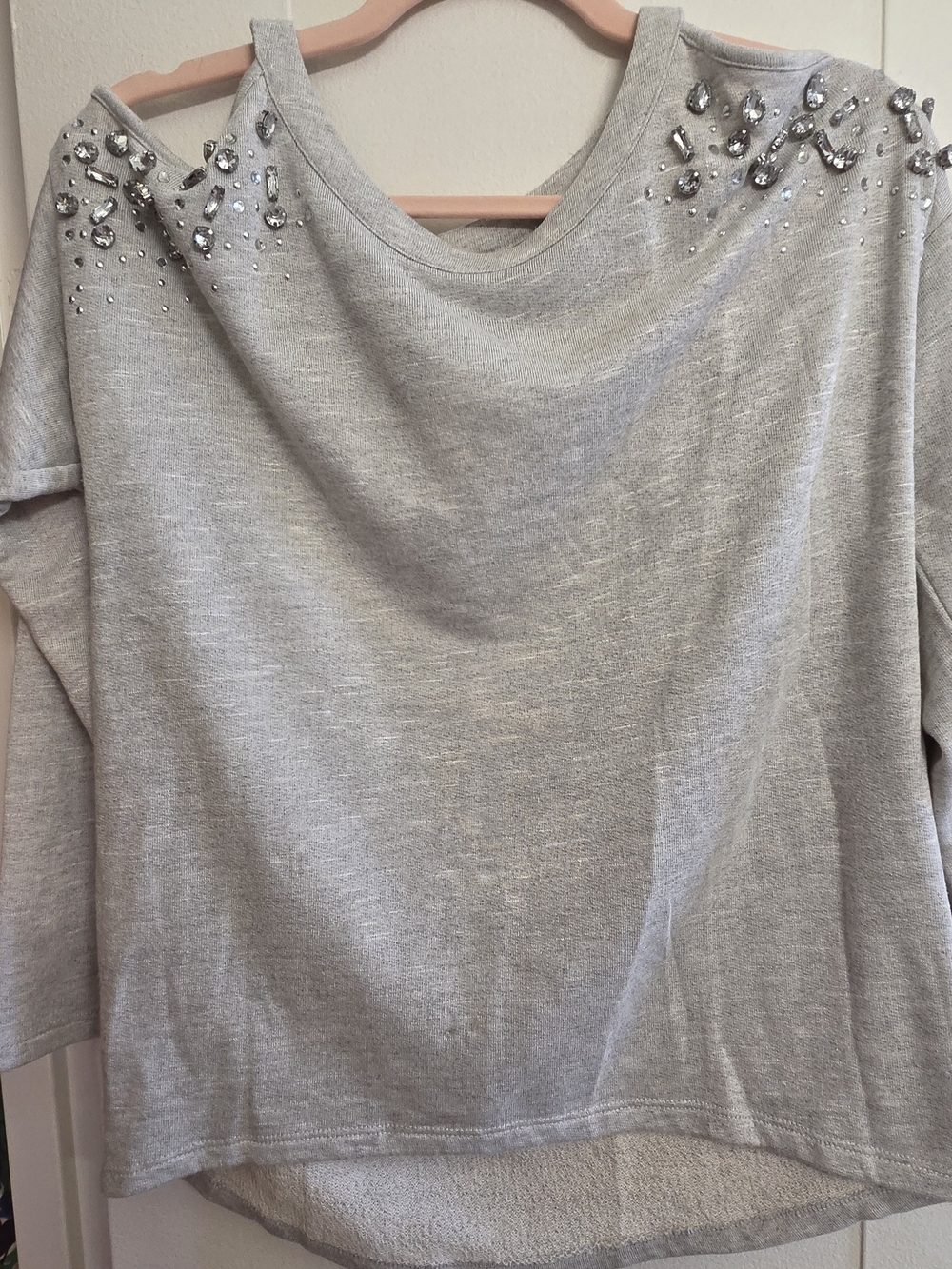 Embellished Light Gray Women's Sweater - Cutout Shoulder Detail